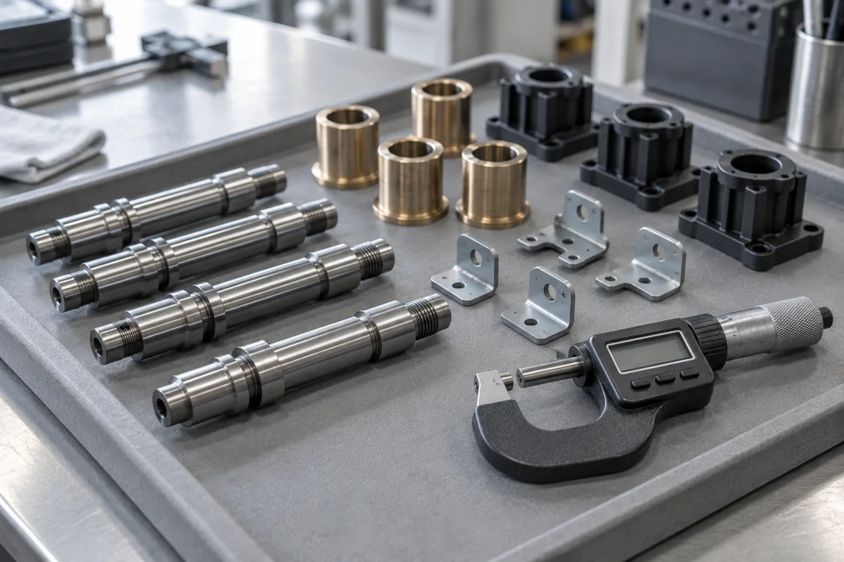Machined shafts, bronze bushings, plastic housings and steel brackets on an inspection tray next to a micrometer