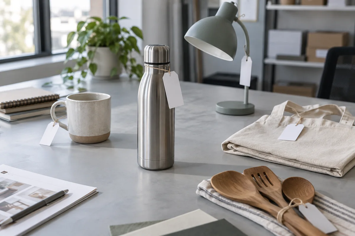 Unbranded consumer product samples with blank tags on an inspection table: a steel bottle, a mug, a desk lamp, a tote bag and wooden utensils
