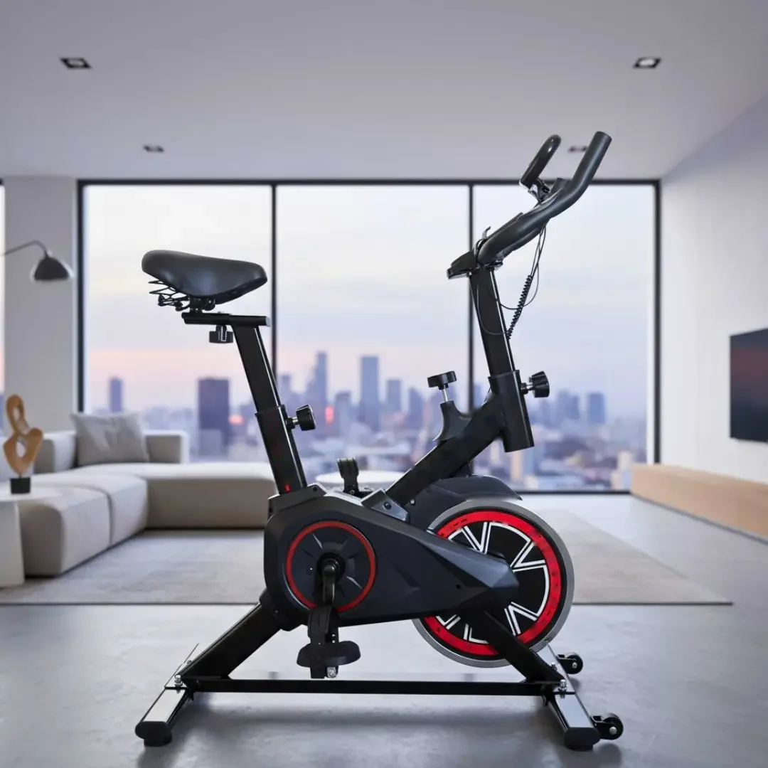 Indoor spinning bike in an apartment with a city view