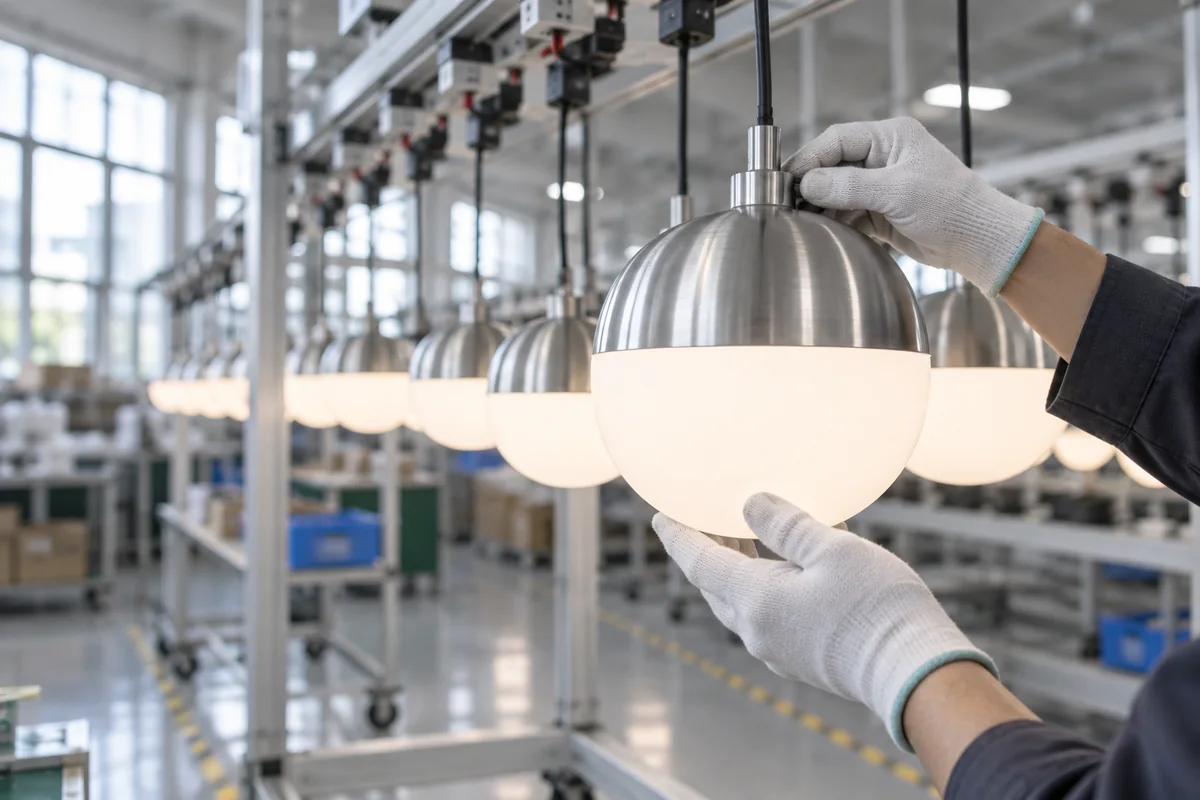 Lit pendant light fixtures on a test rack in a lighting factory, a gloved hand adjusting one