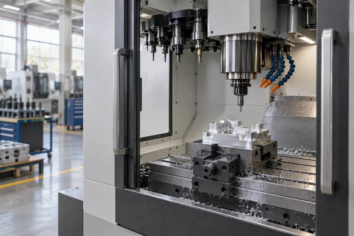 New CNC machining center with its door open and a machined aluminum part in the vise