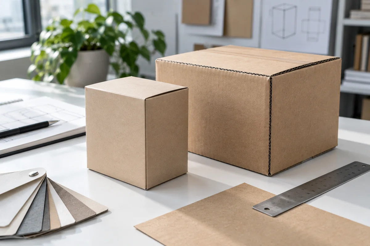 Plain folding carton and corrugated shipping carton on a packaging design table