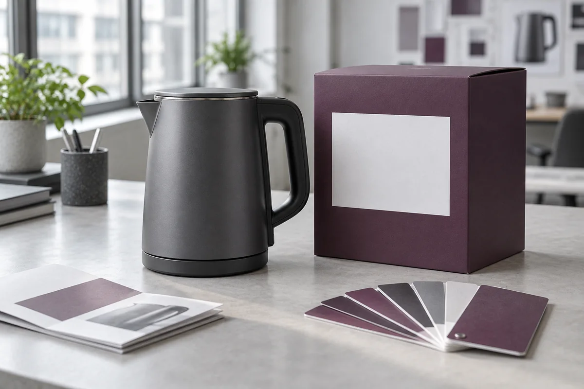 Graphite electric kettle next to a plum retail box with a blank label area and a color swatch fan
