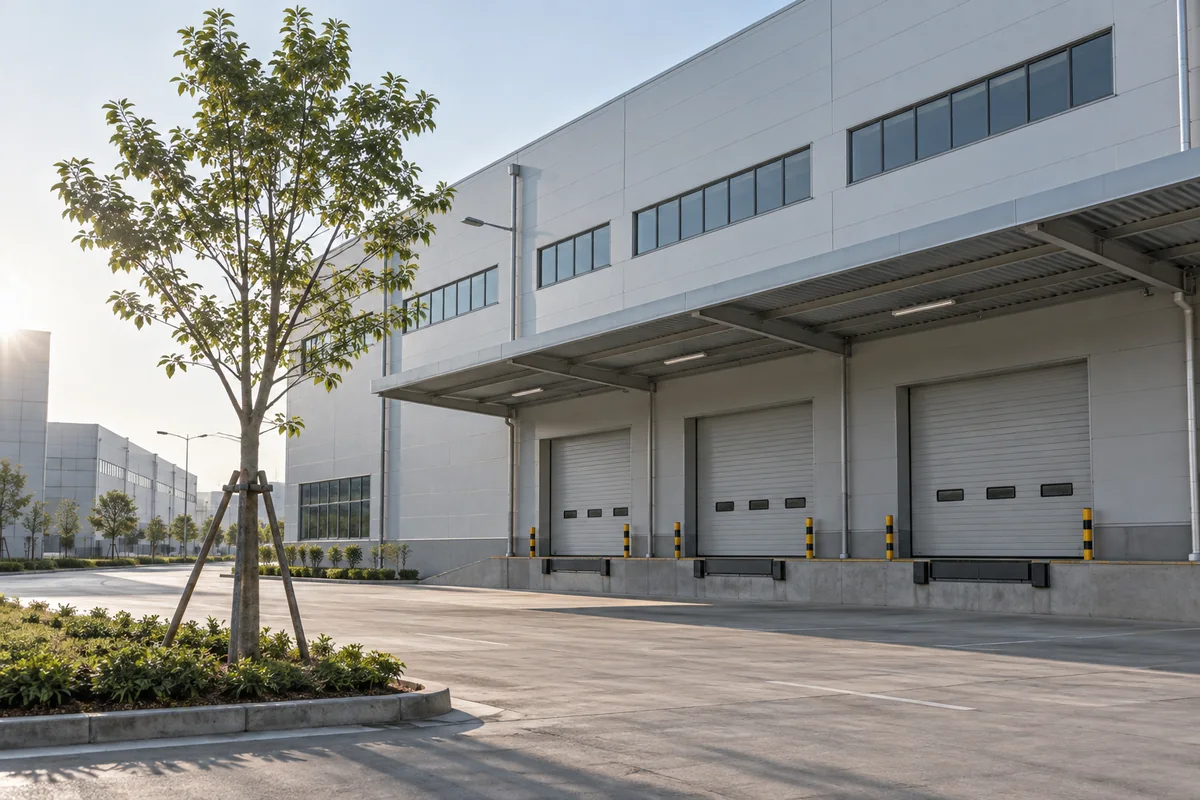 Modern light-gray factory building in an industrial park in Guangdong