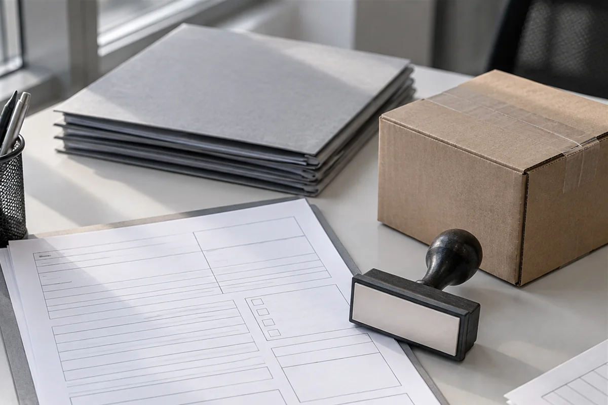 Blank export forms, a stamp, gray folders and a small corrugated sample carton on a desk