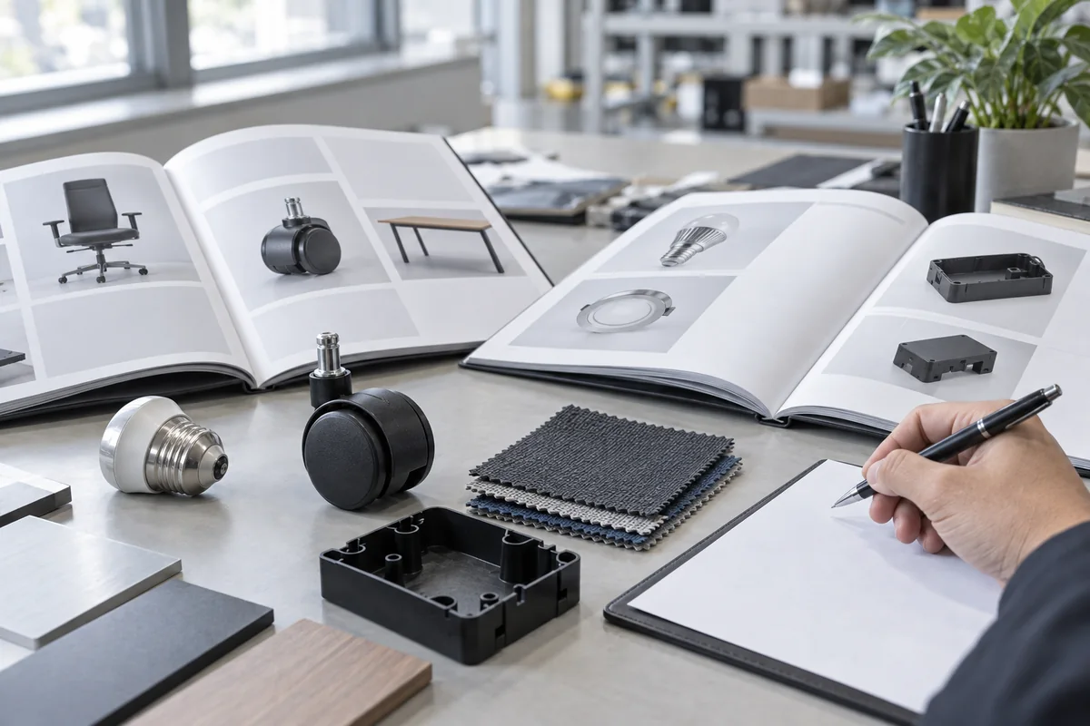 Open factory catalogs, samples from several industries and a blank evaluation sheet on a sourcing table