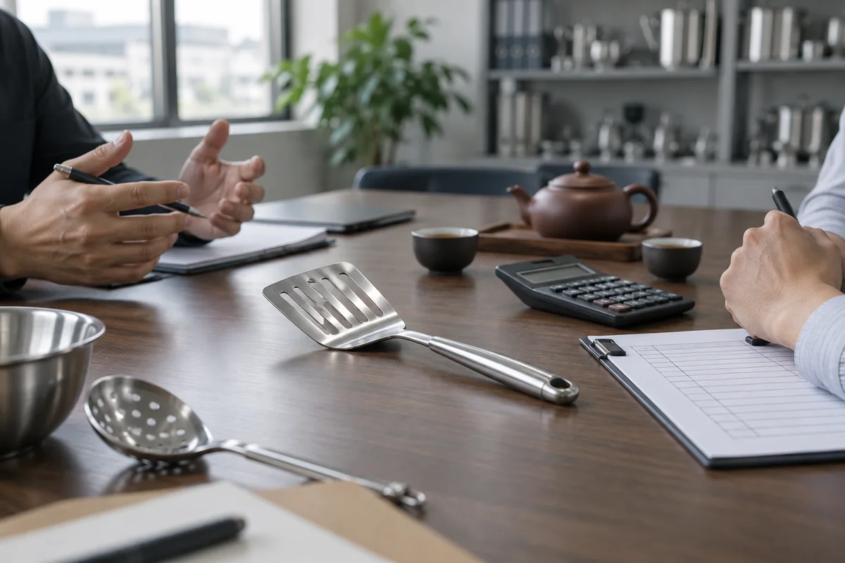 Hands at a negotiation table with a kitchen tool sample, a calculator and a teapot