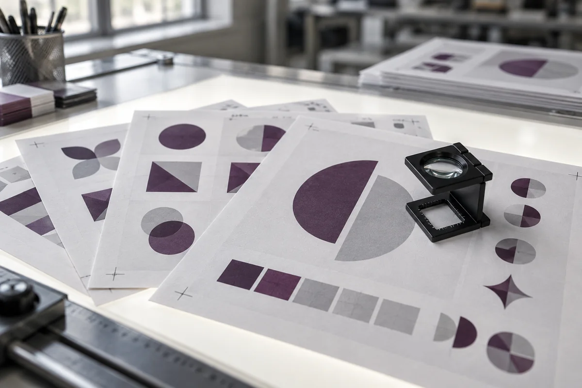 Printed proof sheets of abstract plum and gray marks with a loupe