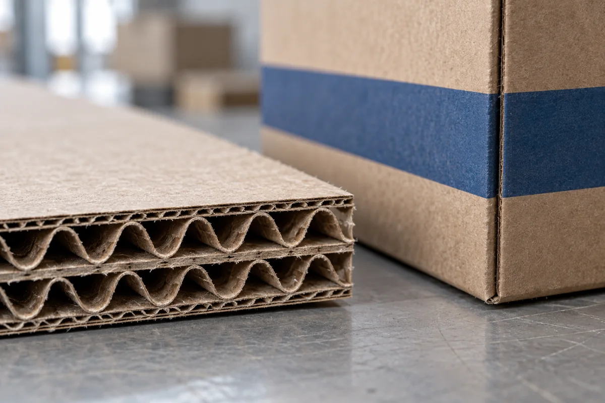 Cut edge of double-wall corrugated board showing the flutes