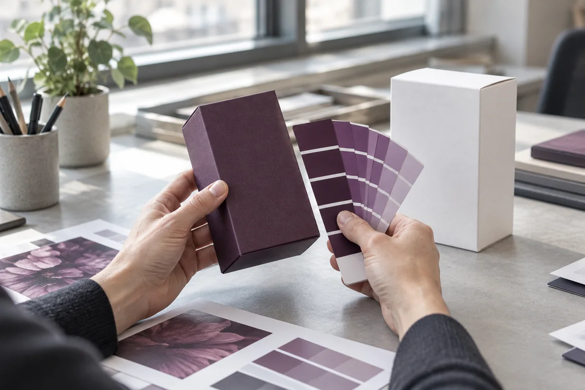 Designer comparing a printed box proof with a color swatch fan