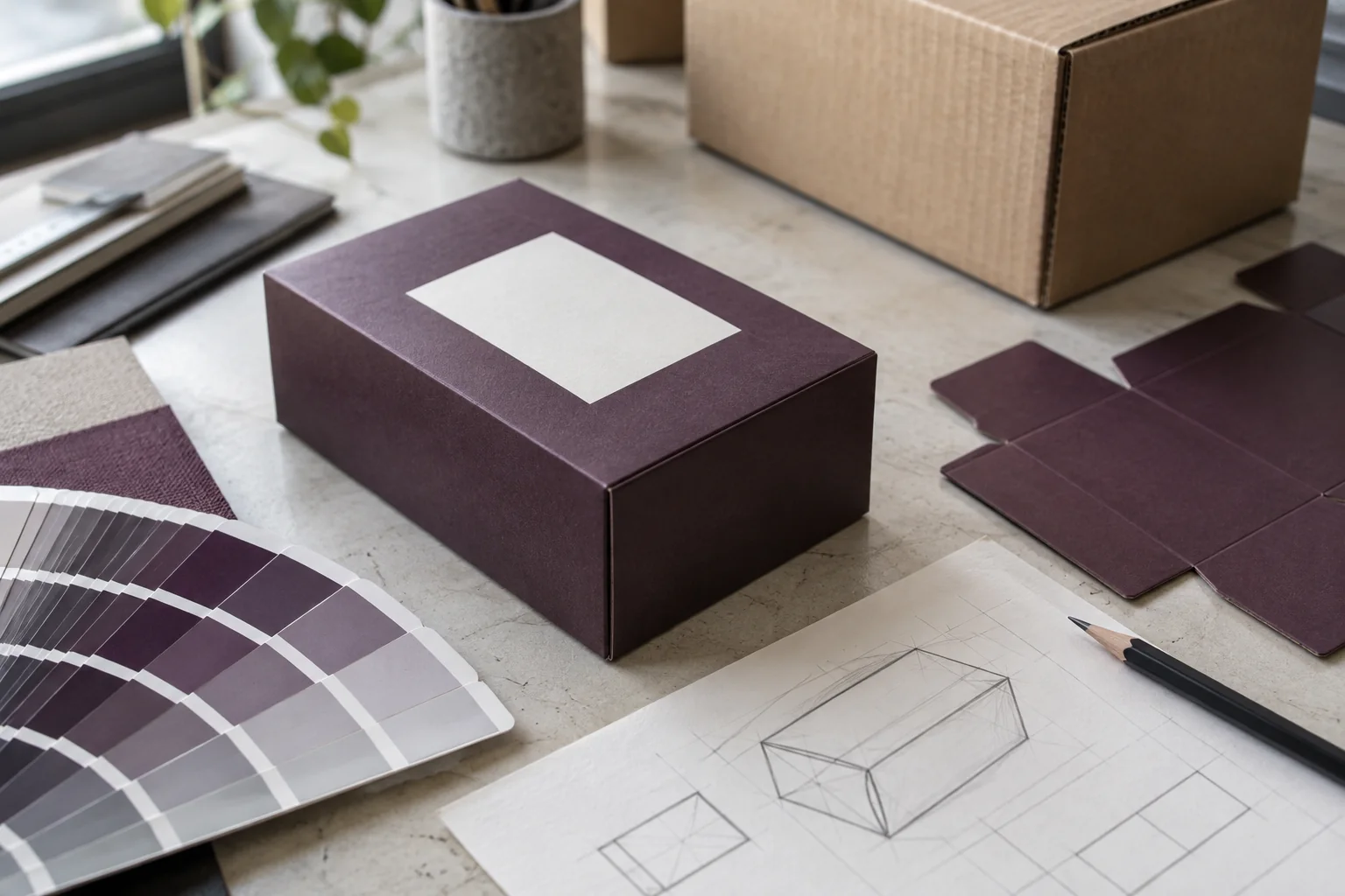 Packaging development table with a plum retail box, a corrugated carton, a die-cut sheet and a color fan
