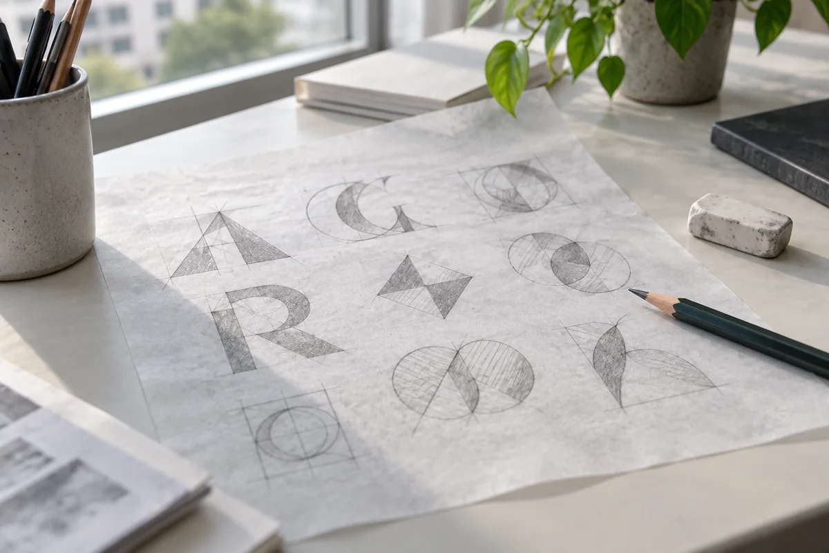 Pencil sketches of letterforms and geometric marks on tracing paper