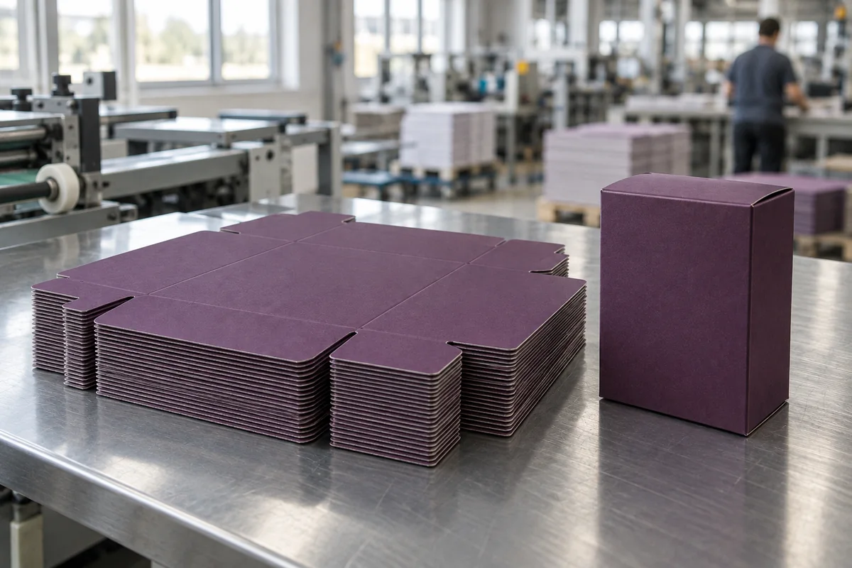 Flat die-cut plum cartons stacked next to a folded carton