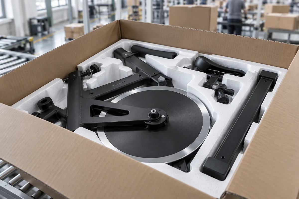 Spinning bike flywheel and frame parts fitted into molded foam inside a corrugated carton