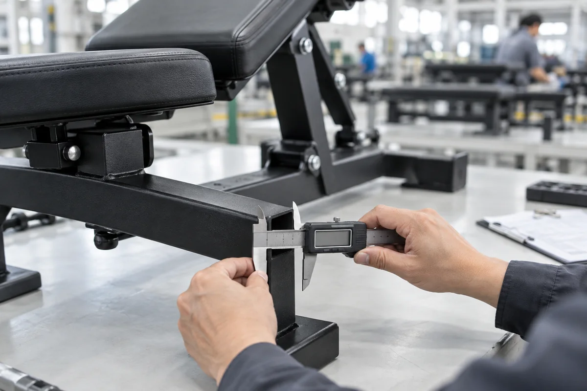 Inspector measuring the steel tube of a new weight bench with a digital caliper