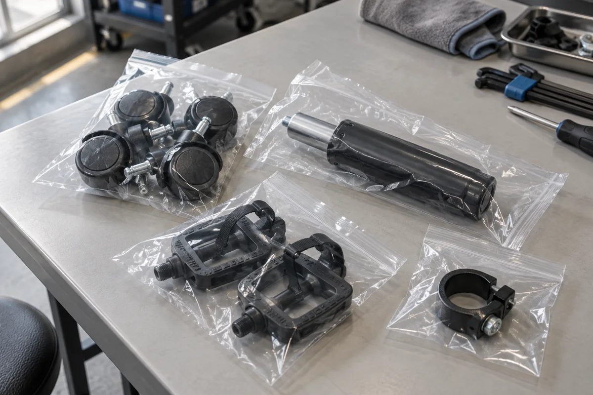 Replacement casters, gas lift, pedals and seat clamp in clear bags on a service table