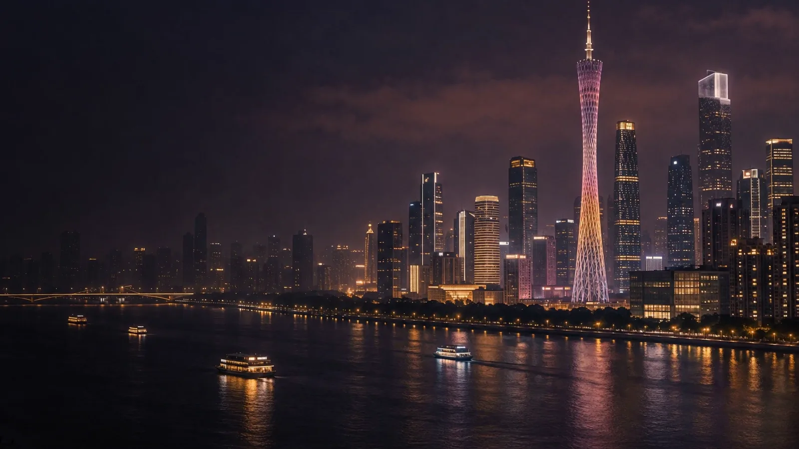 Guangzhou skyline at night and finished products travelling on a factory line, from furniture to sealed export cartons