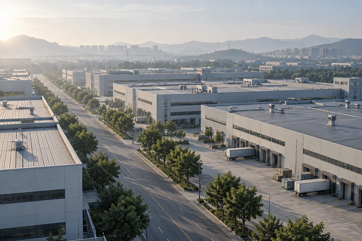 Elevated early-morning view over a modern industrial park in the Pearl River Delta