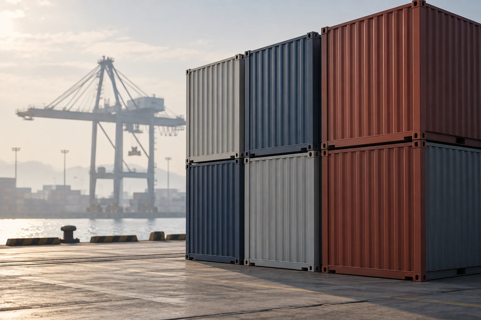 Stack of unmarked shipping containers on a port quay at dawn with a gantry crane behind