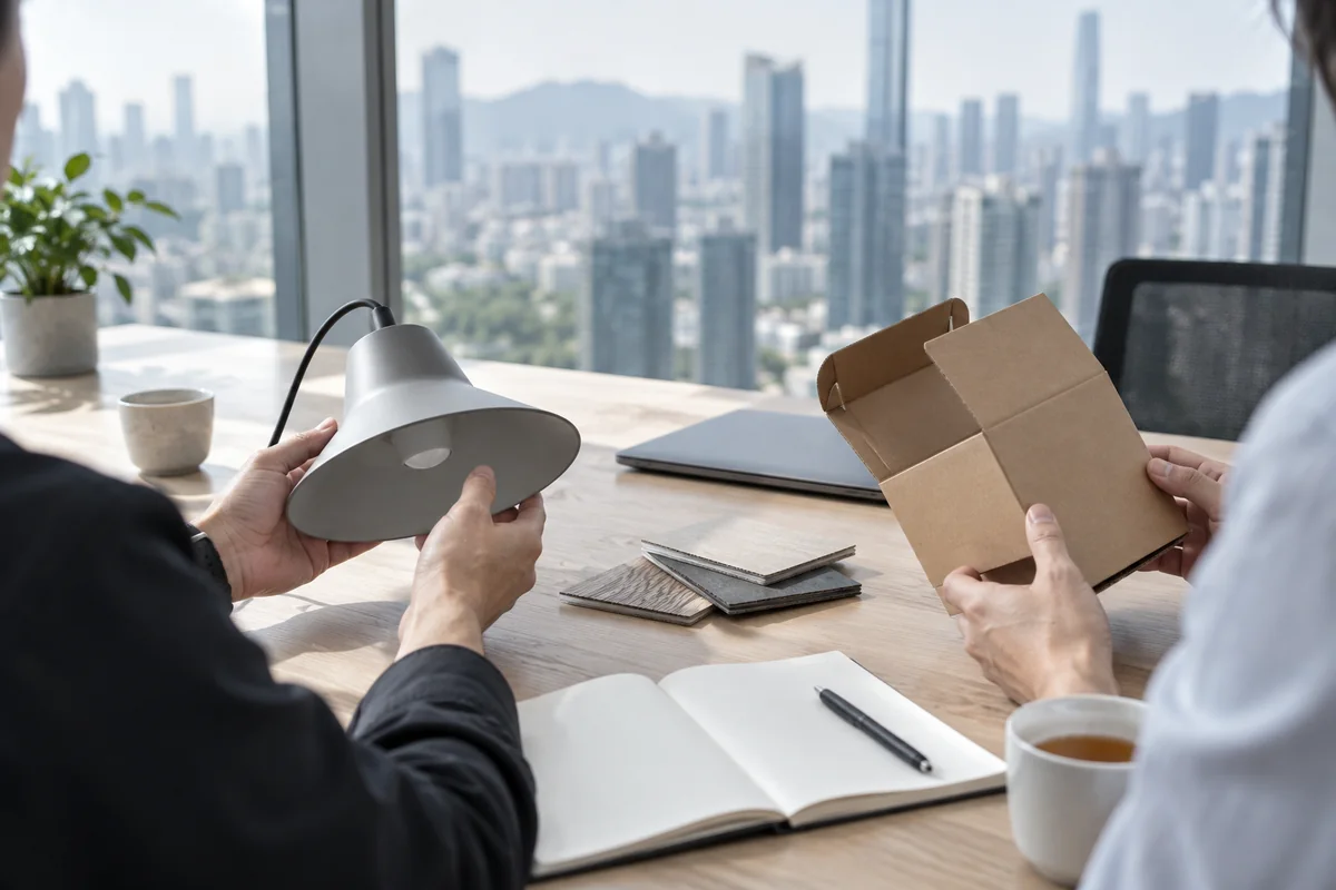 Two people seen from behind reviewing a pendant light sample and a corrugated carton sample at a meeting table in Shenzhen