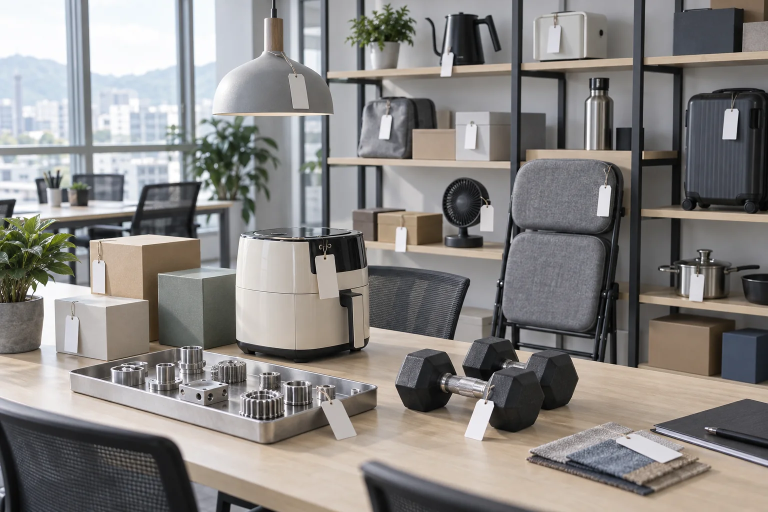 Sample showroom with approved samples from different industries on light shelves: a pendant light, a small appliance, a chair, machined parts and dumbbells
