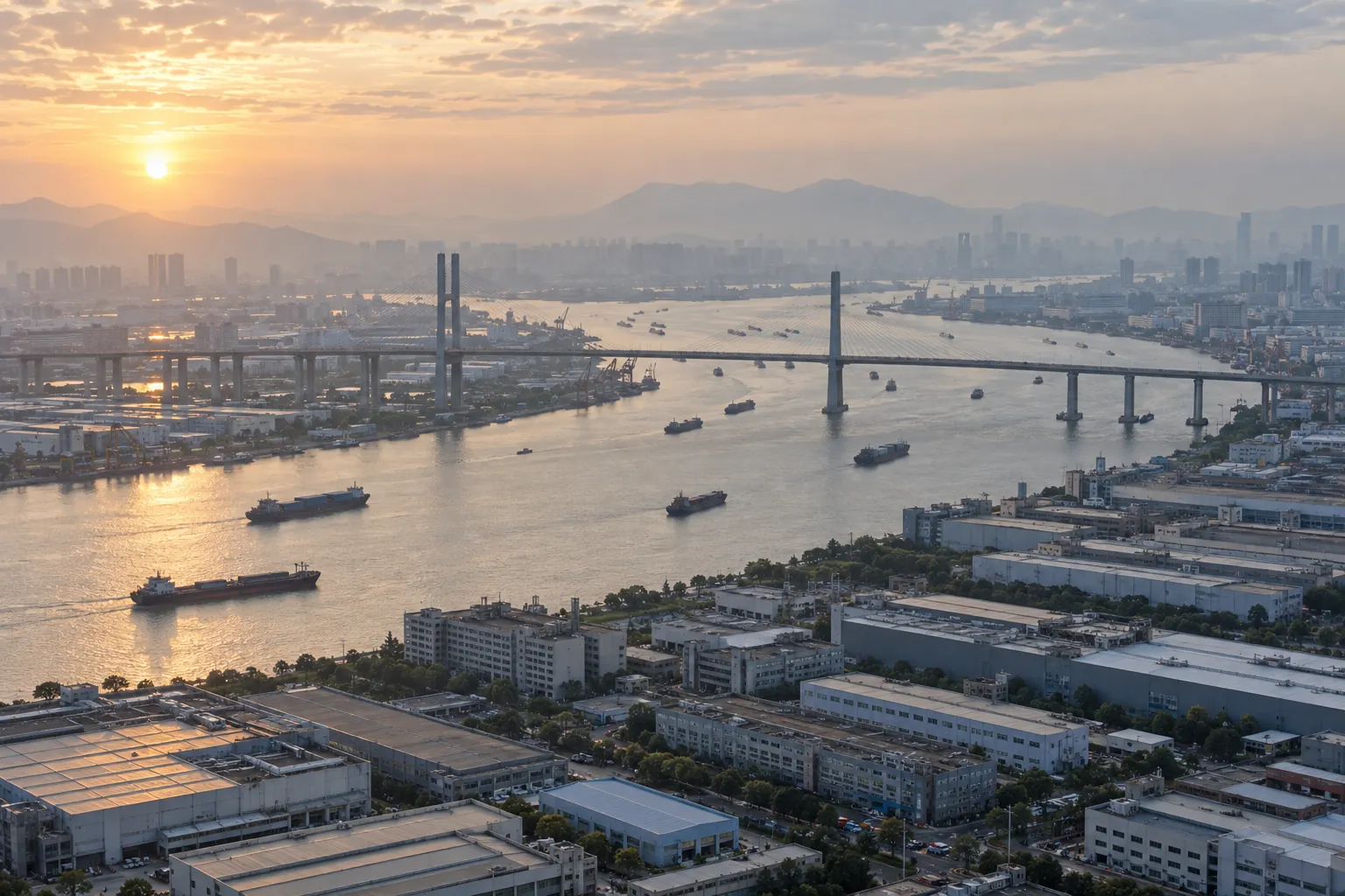 Early morning over the Pearl River Delta with a river bend, cargo barges, a long bridge and manufacturing districts