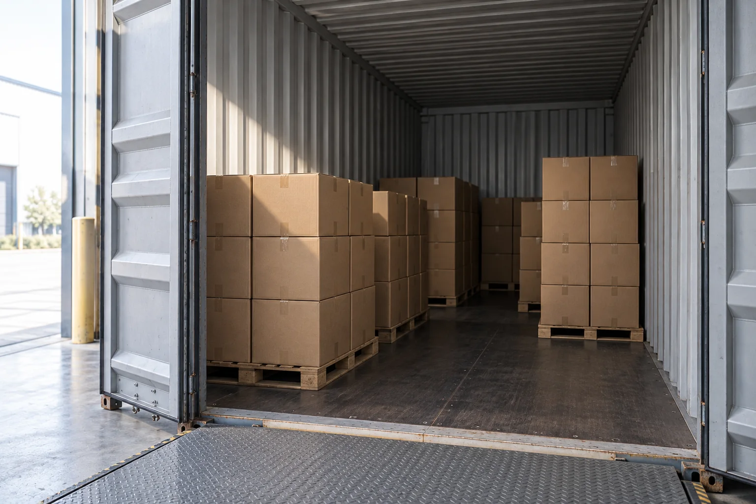 Container partly loaded with plain corrugated cartons