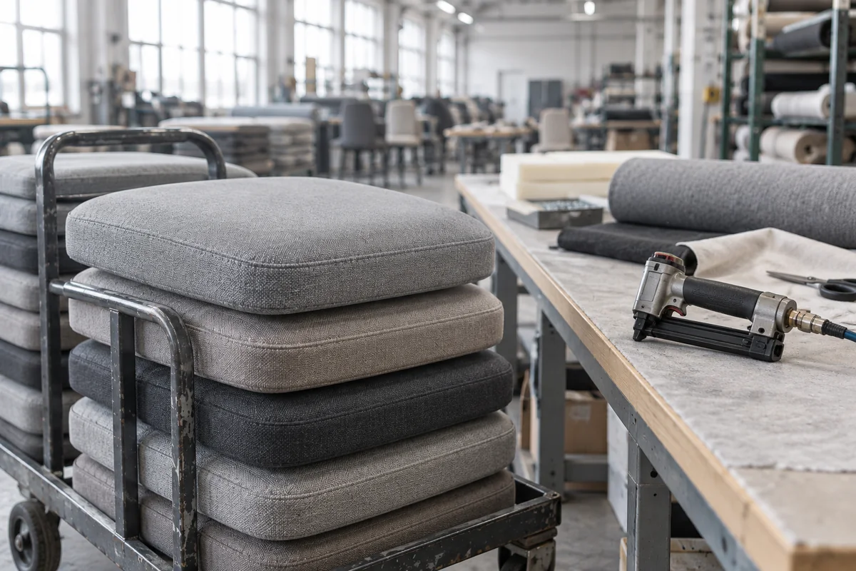Upholstered seats stacked on a trolley next to an upholstery workbench