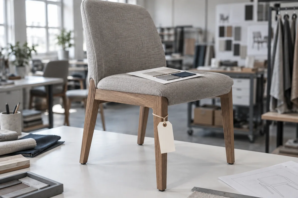 Pre-production sample of a dining chair with a blank approval tag