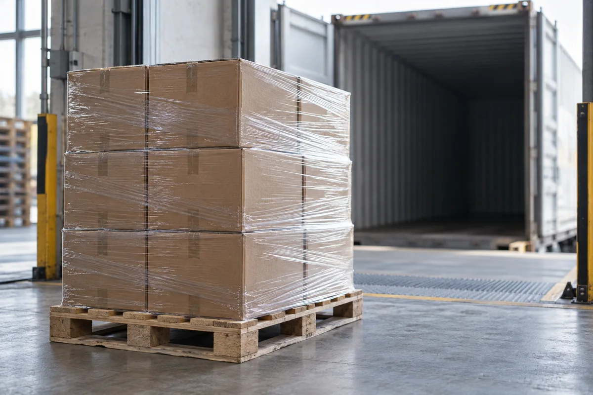 Stretch-wrapped pallet of cartons at a loading dock with an open container behind