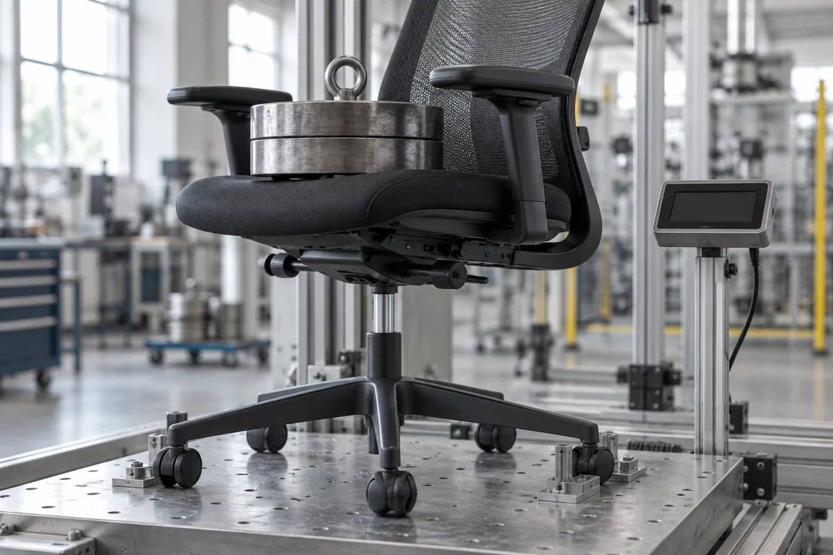Office chair on a test bench with a steel load weight on the seat