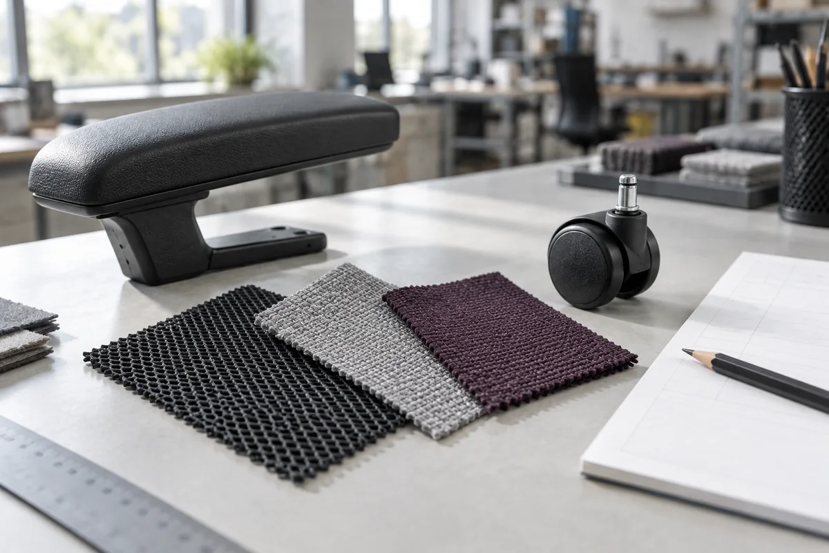 Mesh and upholstery swatches next to an office chair armrest and caster