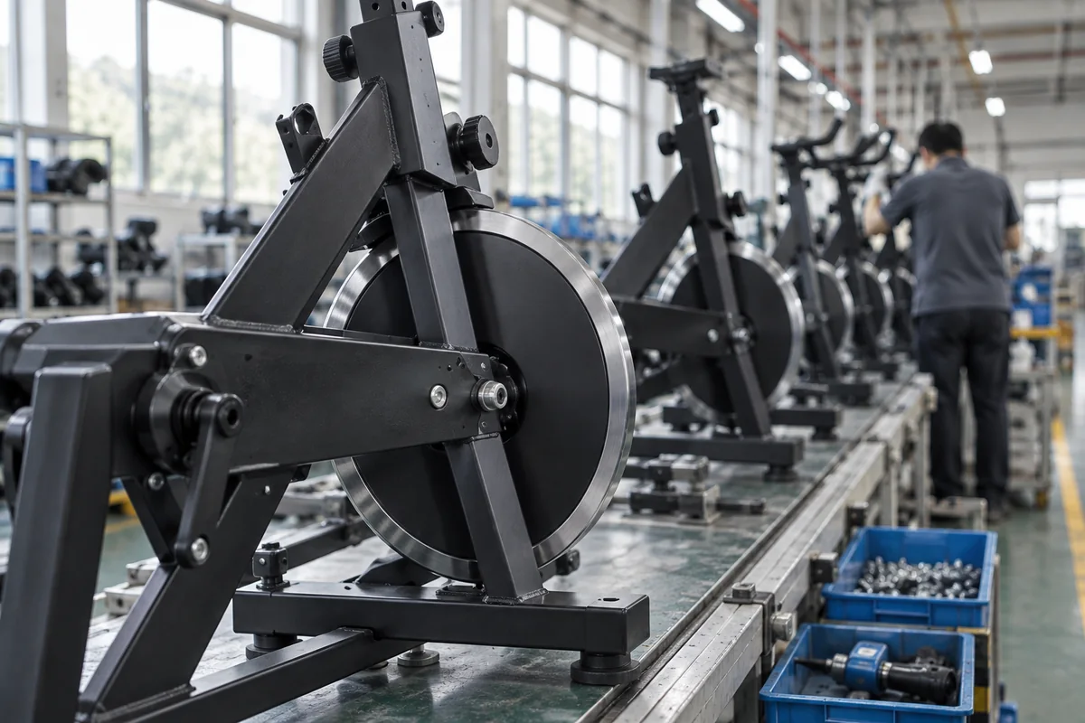 Bike frames moving along an assembly line