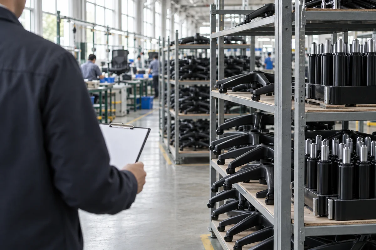 Sourcing specialist seen from behind walking past racks of chair bases in a furniture factory