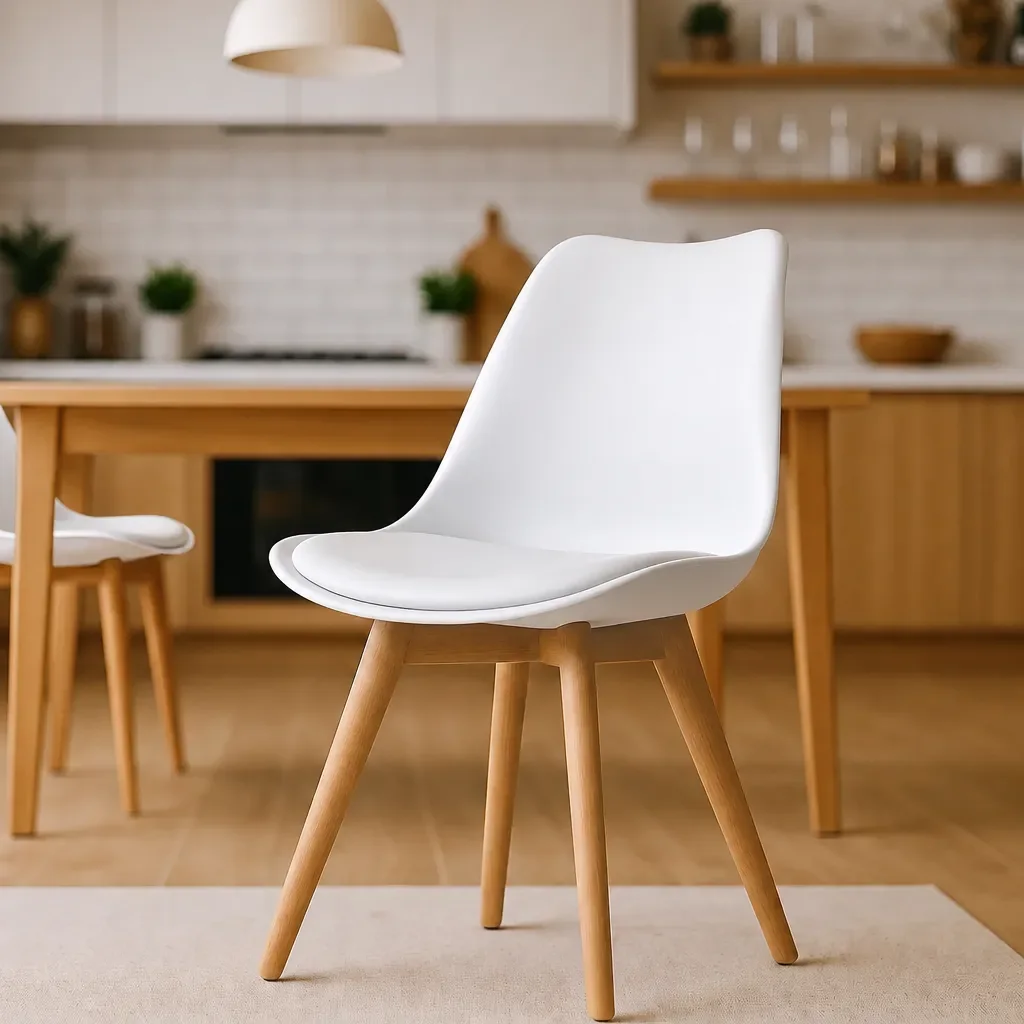 Molded dining chair with wooden legs in a bright kitchen